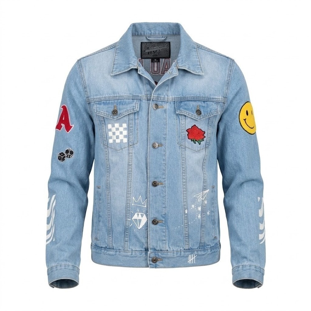 Brooklyn Cloth Mens MEDIUM No Bad‎ Vibes Patch Graphic Denim Jacket